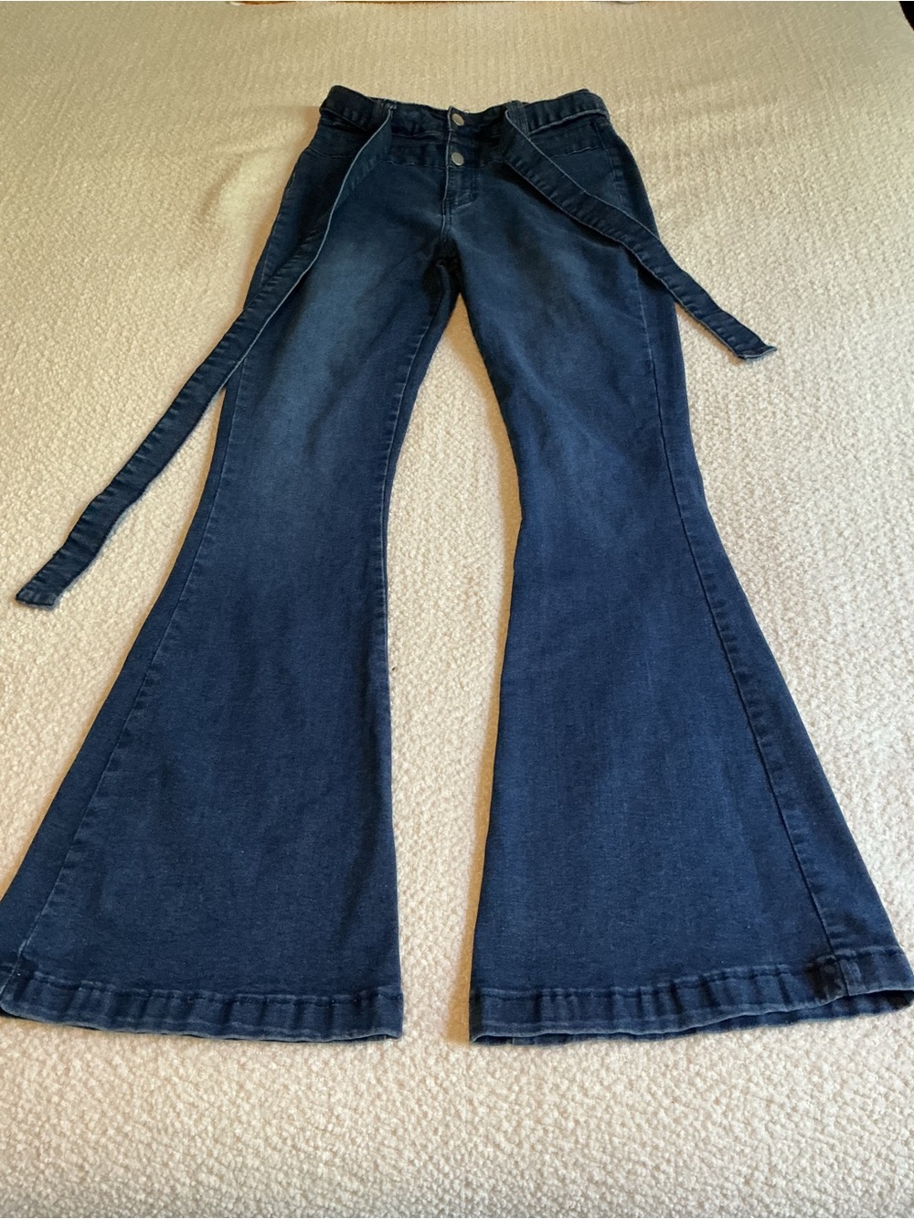 Source Unknown Deep Blue Flared Wide-Leg Jeans with Waist Tie